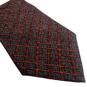 Donna Karan Signature Mens Silk Tie Italy Fabric Grey Orange Geometric Grid